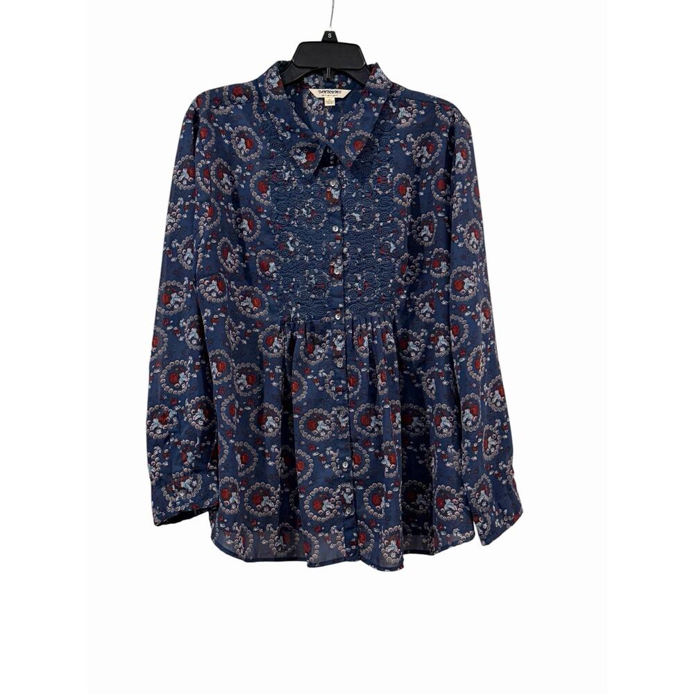 Tantrums Red White & Blue Floral Peasant-Style Sheer Blouse SZ XL Embroidery - Picture 7 of 14